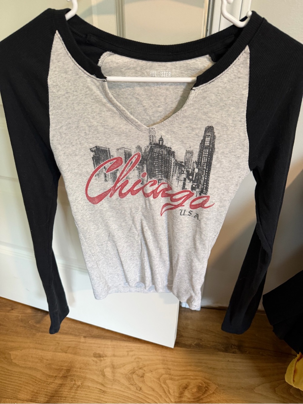 Hollister Gray & Black Chicago Raglan Long-Sleeve Top with Red Script